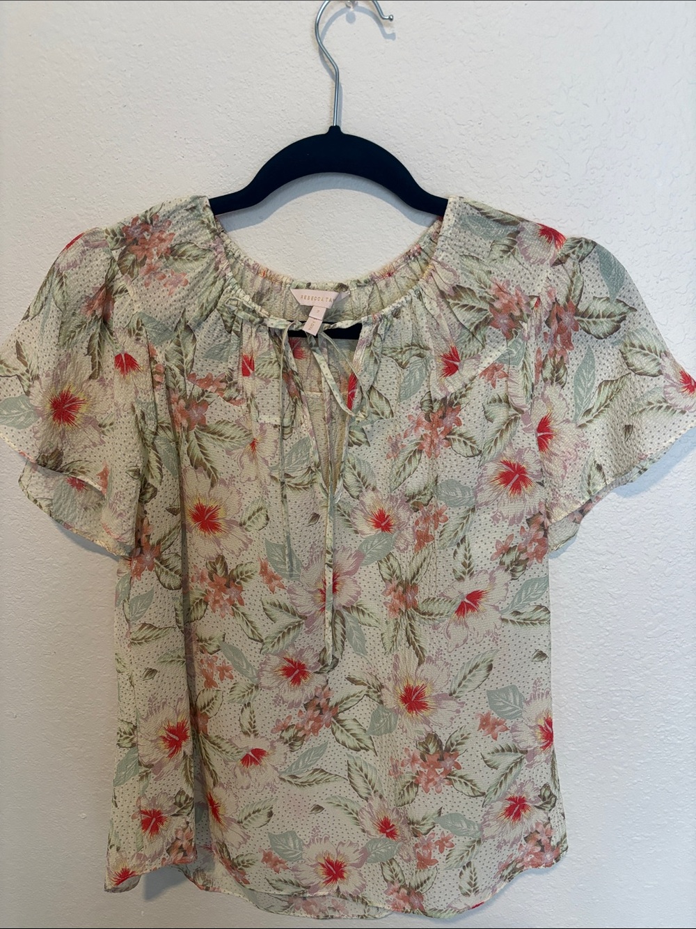 Rebecca Taylor 100 Silk cream floral tie-neck blouse with butterfly Sleeves